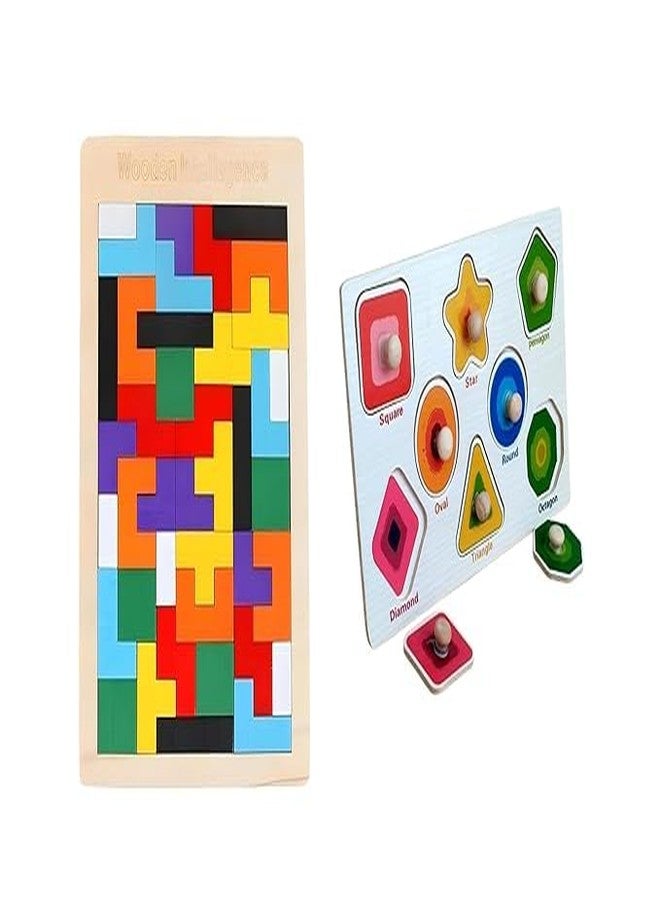 NEKSTY Wooden Tangram and Shapes Pegged Knob Toy Combo | 2 Puzzle Boards for Toddlers 2+ | Boosts Fine Motor Skills Shape Recognition Logic and Creativity | Safe Durable Learning Toy - Image 1